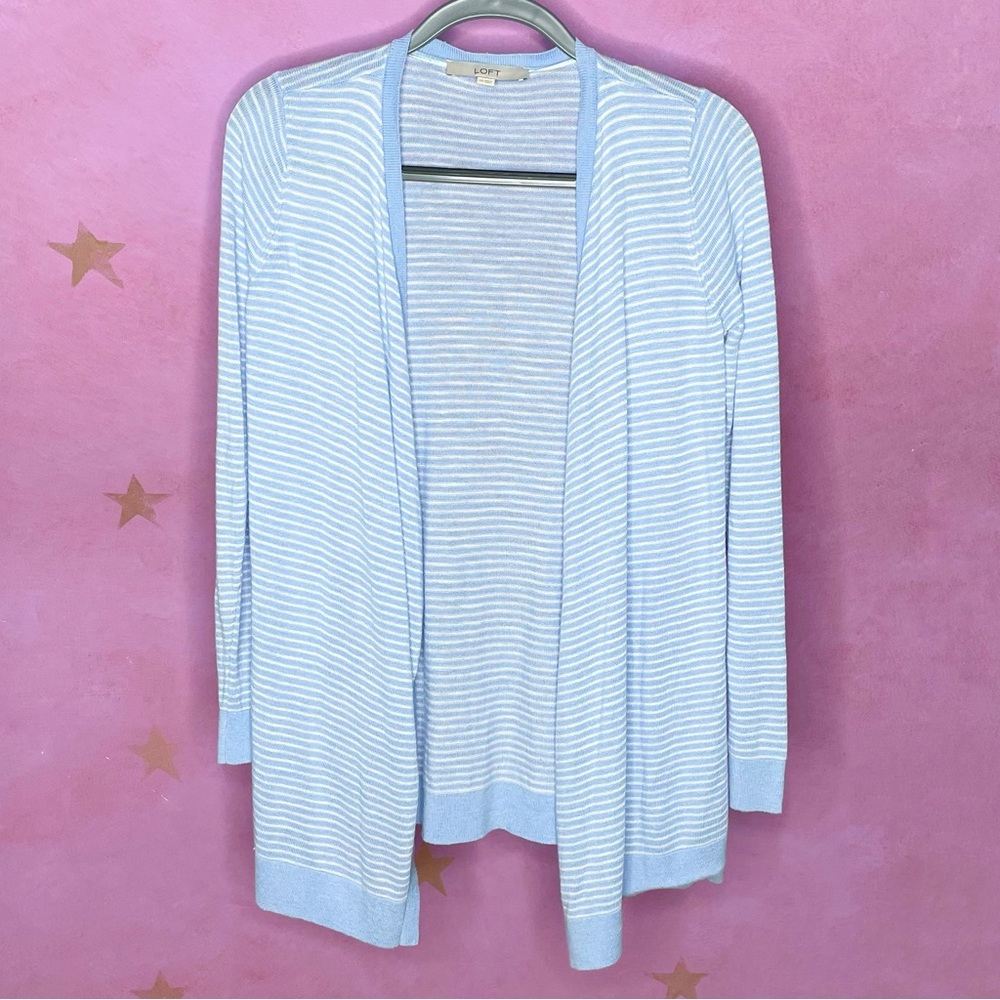 LOFT Cardigan Striped Blue White Long Sleeve Open-Front Sweater Thin Knit